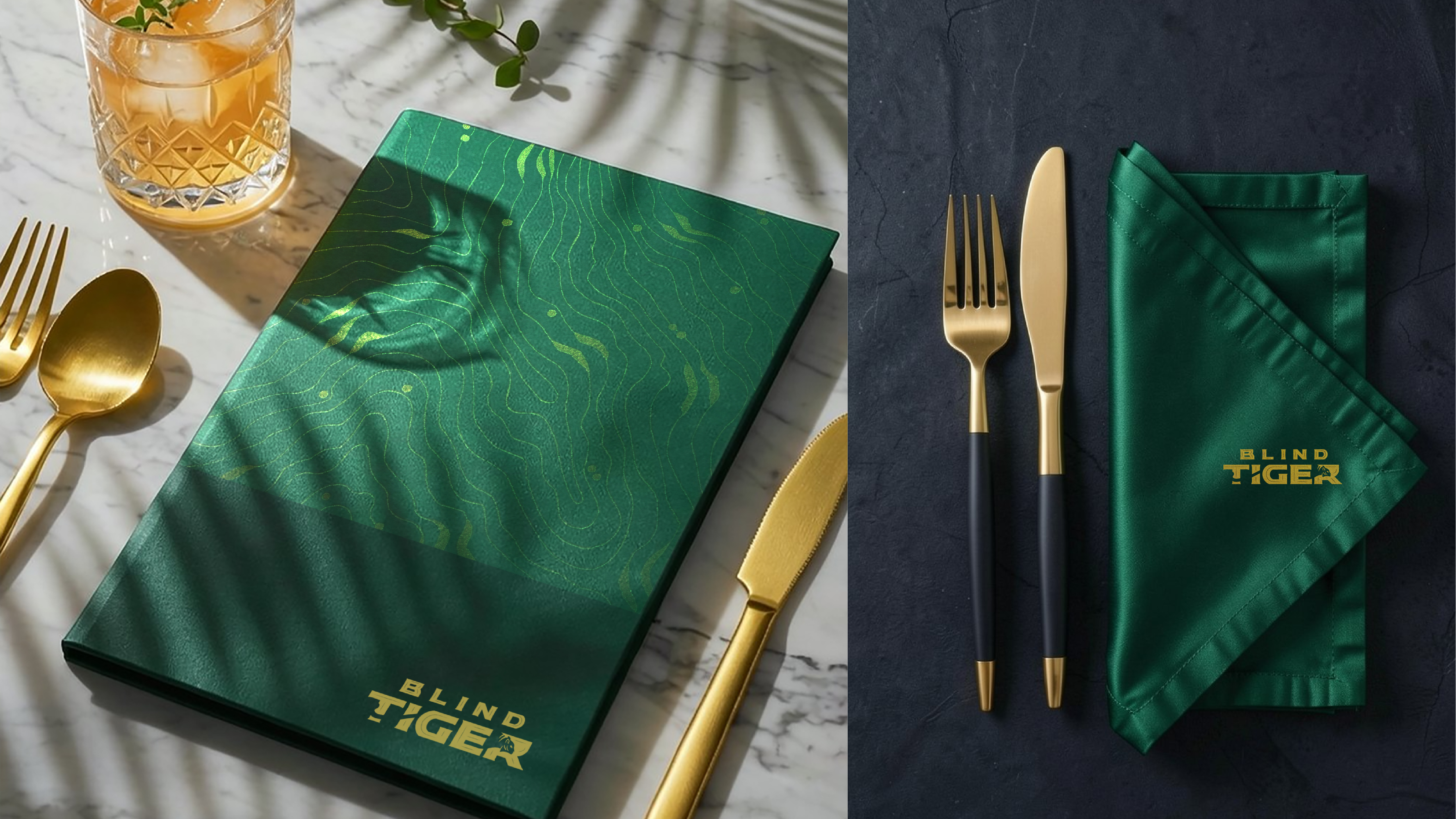 Menu cover with brand pattern, with cutlery and napkin set