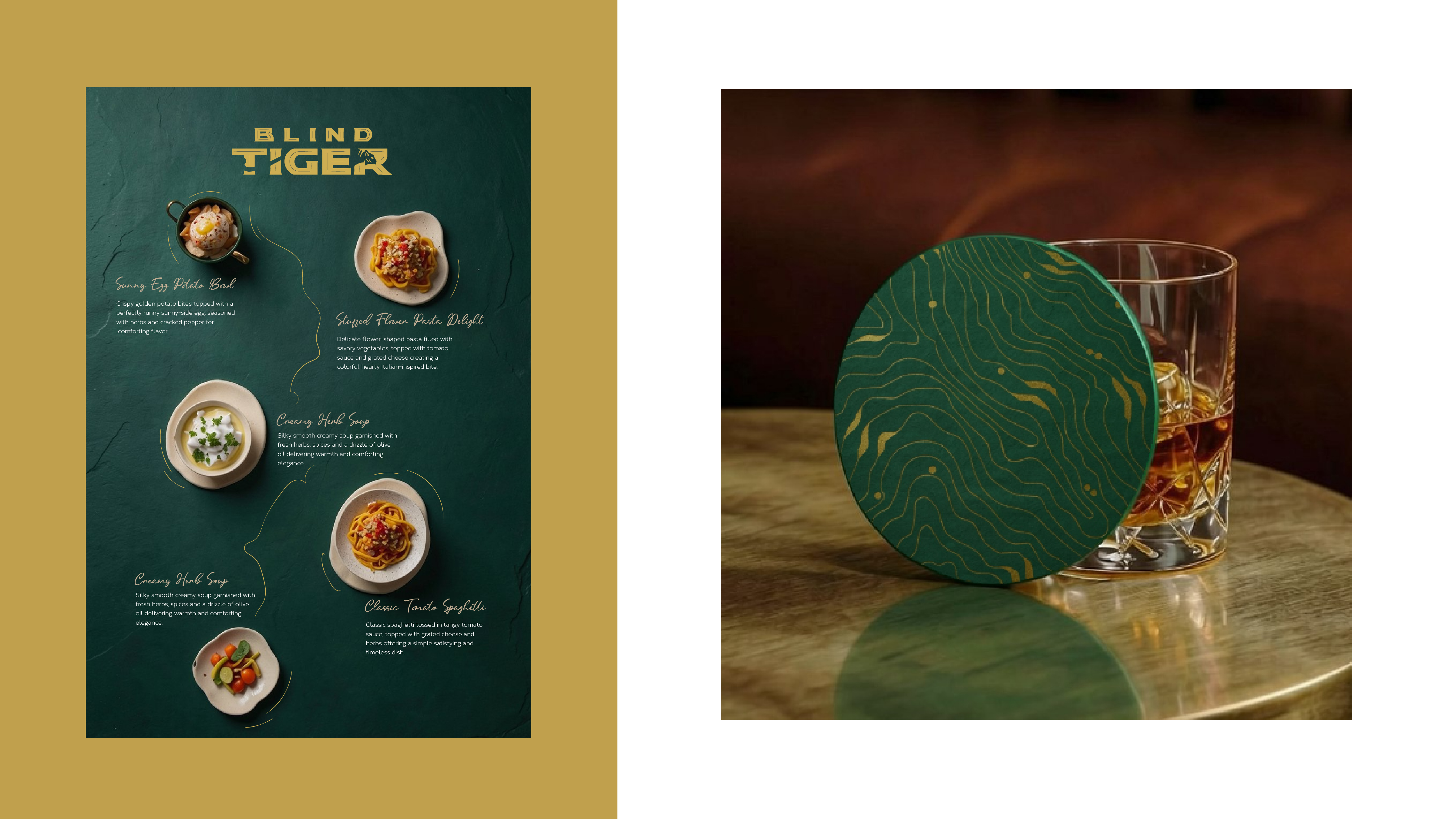 Menu spread with dishes pictured, alongside a coaster set on a glass of whisky