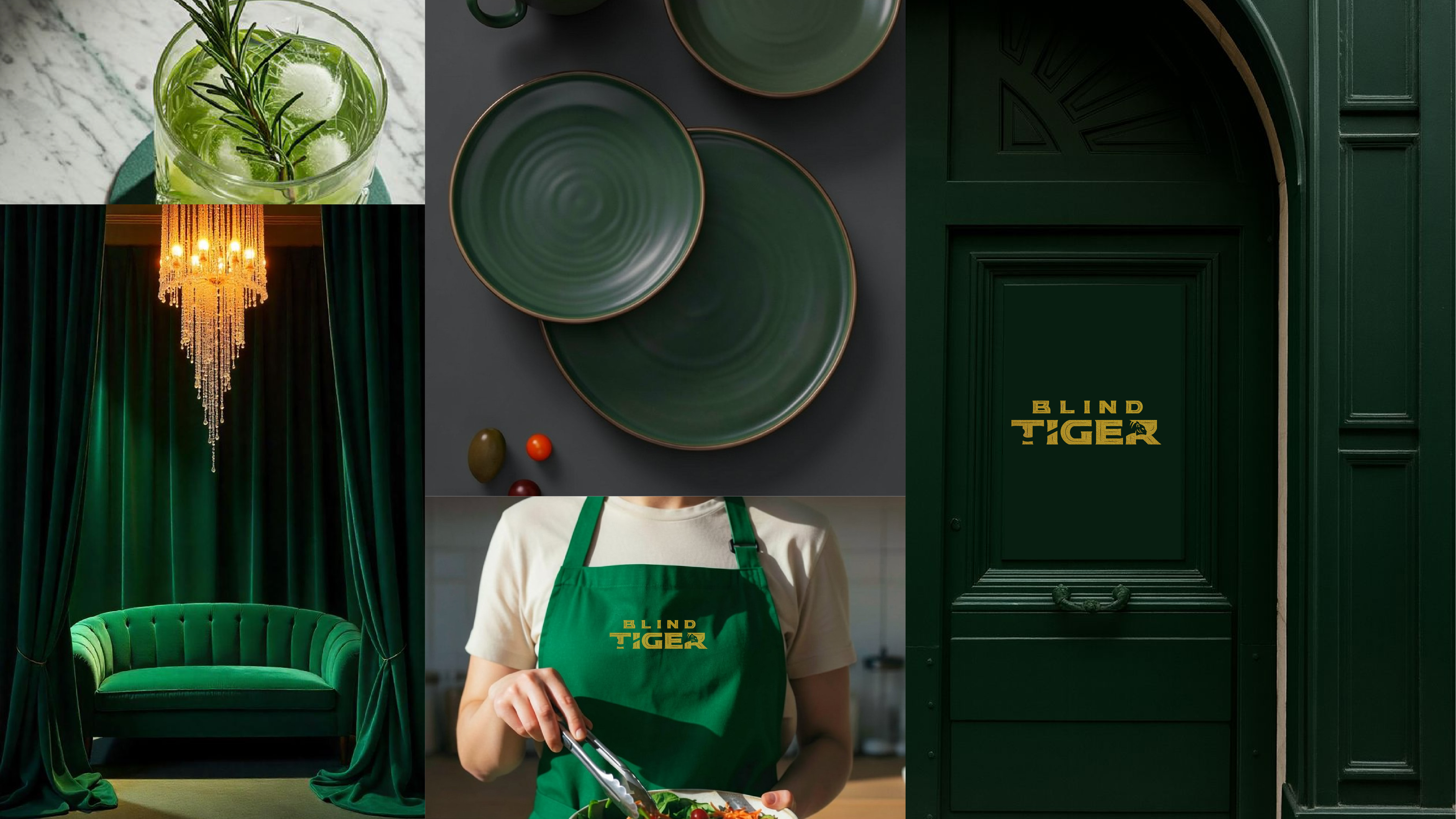 Interior collage — green velvet booth, plates, apron with logo, brand-coloured doorway